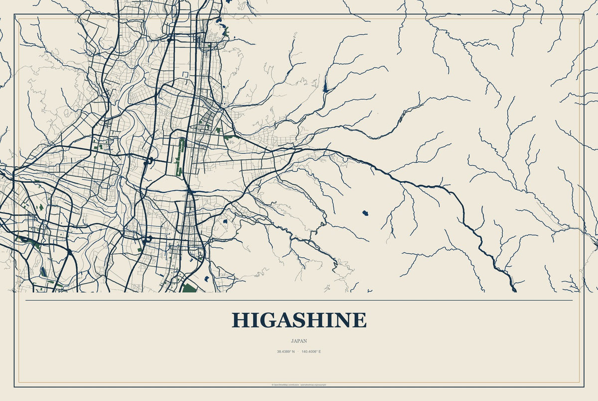 Higashine, Japan City Map Aluminum Sign in Coastal Cutout style