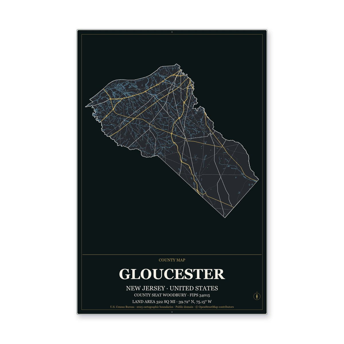 Gloucester County, New Jersey Map Aluminum Sign in Metropolitan Noir style