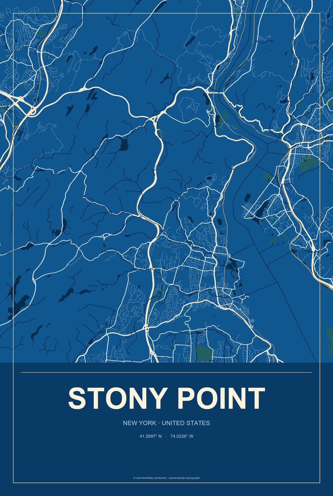 Stony Point, New York City Map Aluminum Sign in Harbor Cobalt style