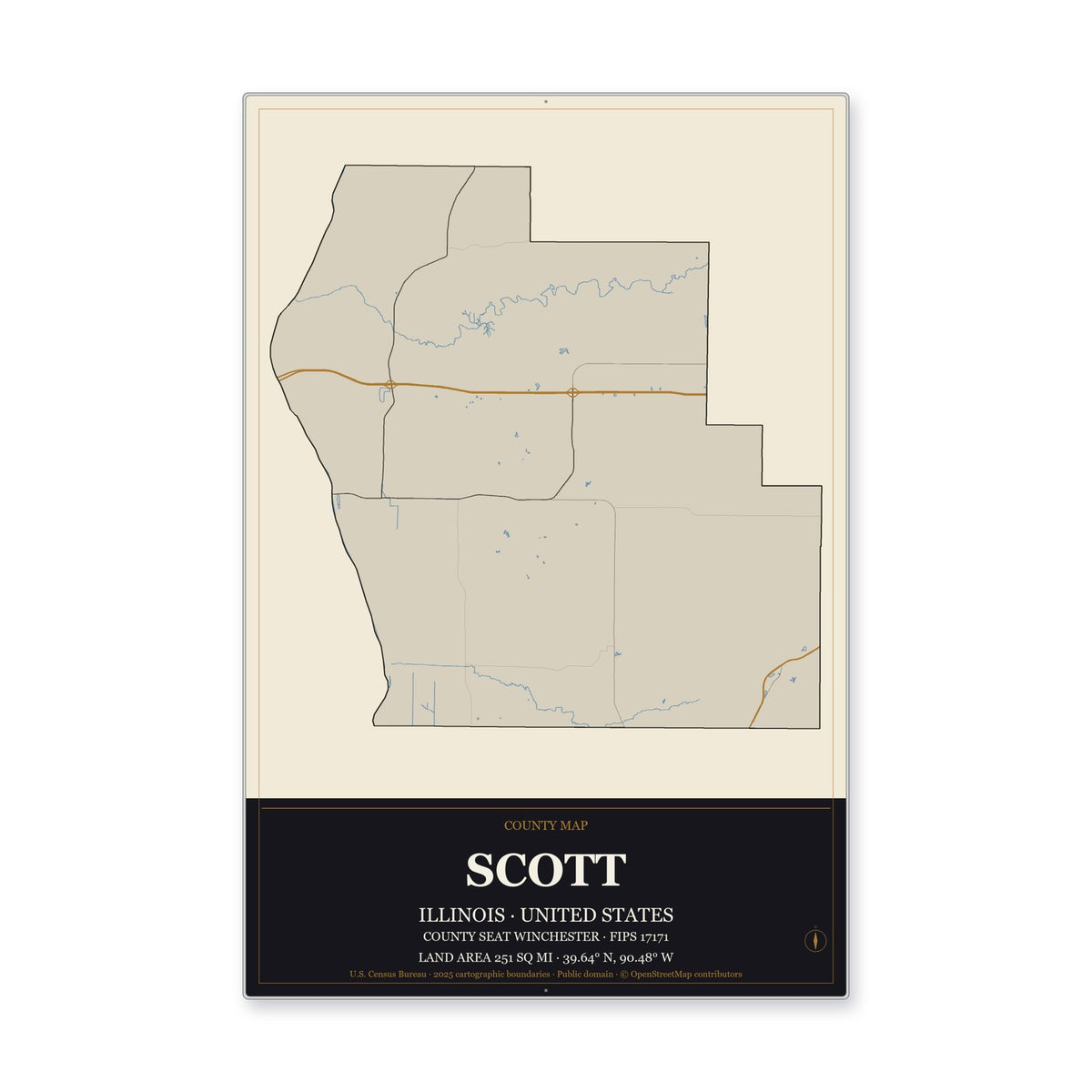 Scott County, Illinois Map Aluminum Sign in Museum Plaque style