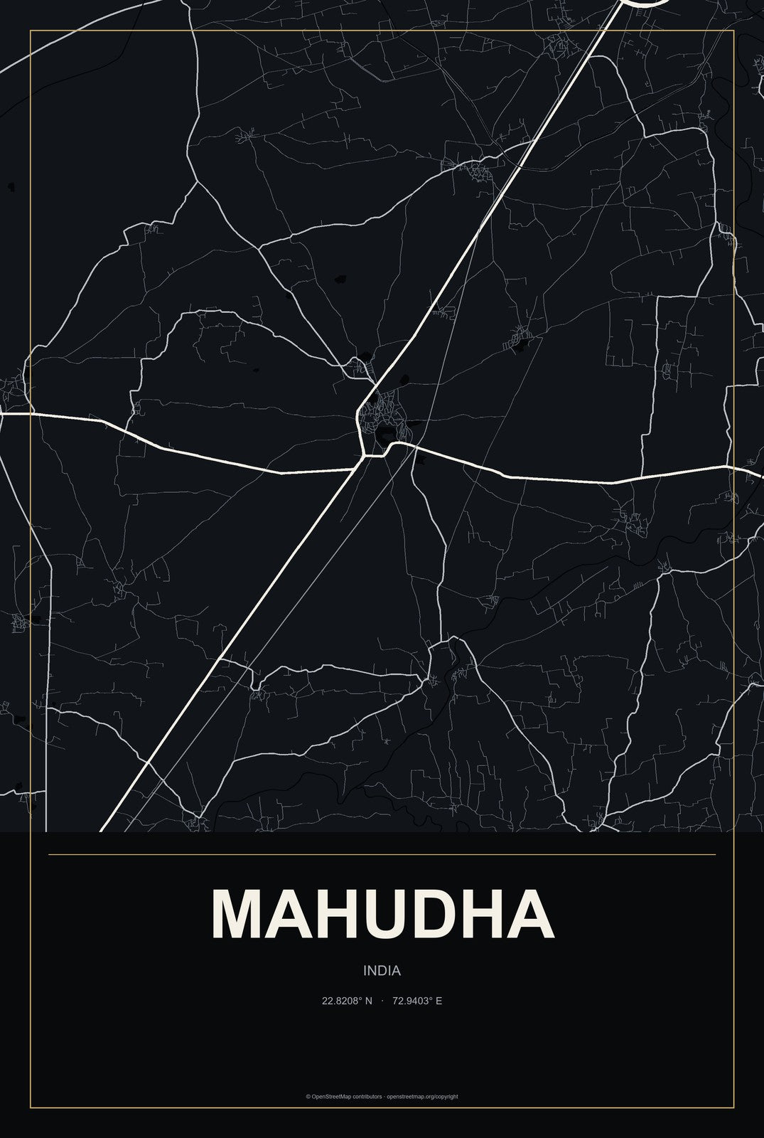 Mahudha, India City Map Aluminum Sign in Metropolitan Noir style