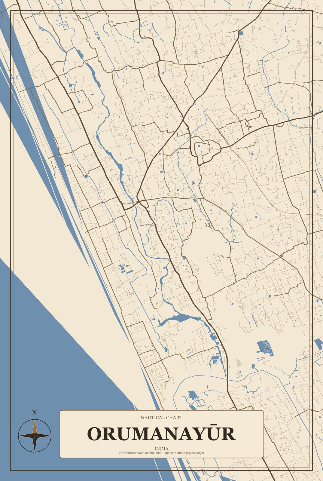 Orumanayūr, India City Map Aluminum Sign in Heritage Nautical style