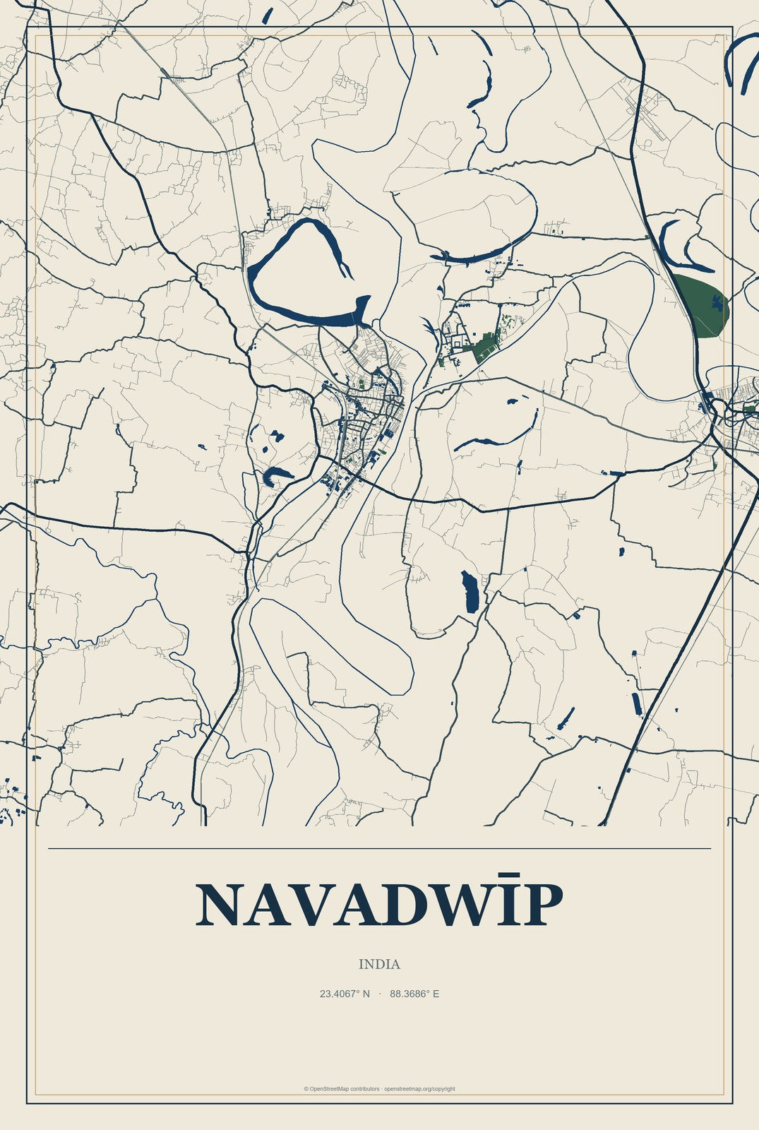Navadwīp, India City Map Aluminum Sign in Coastal Cutout style