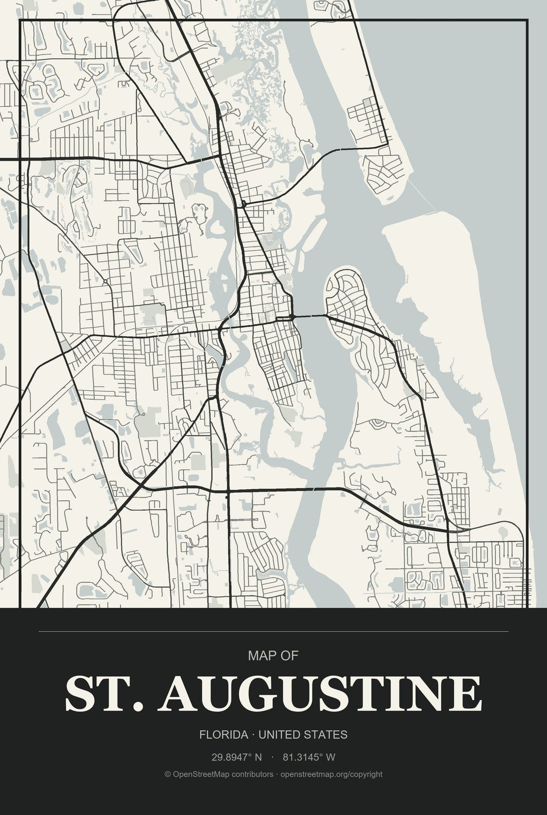 St. Augustine, Florida City Map Aluminum Sign in Museum Plaque style