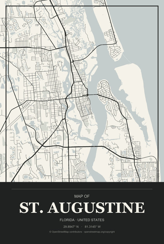 St. Augustine, Florida City Map Aluminum Sign in Museum Plaque style
