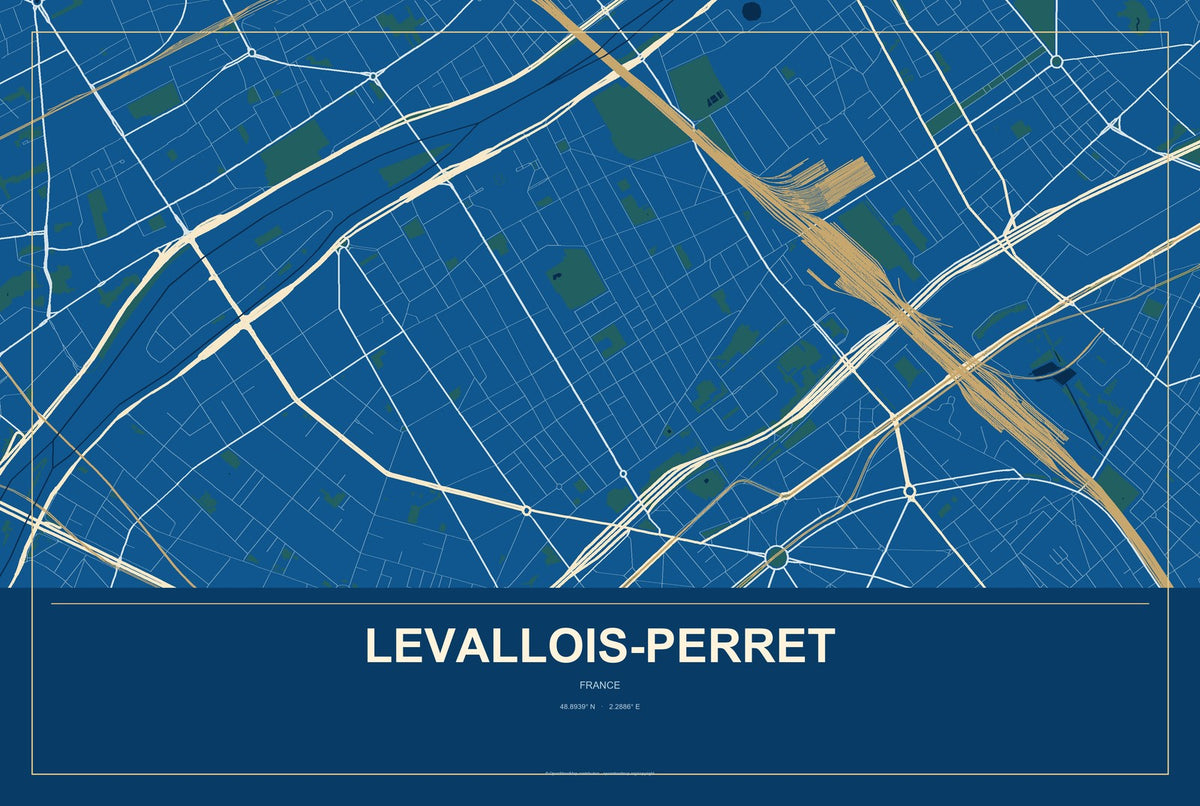 Levallois-Perret, France City Map Aluminum Sign in Harbor Cobalt style