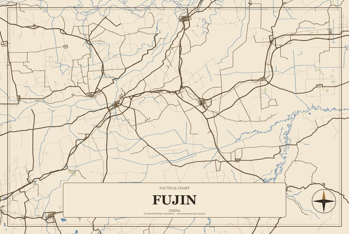 Fujin, China City Map Aluminum Sign in Heritage Nautical style