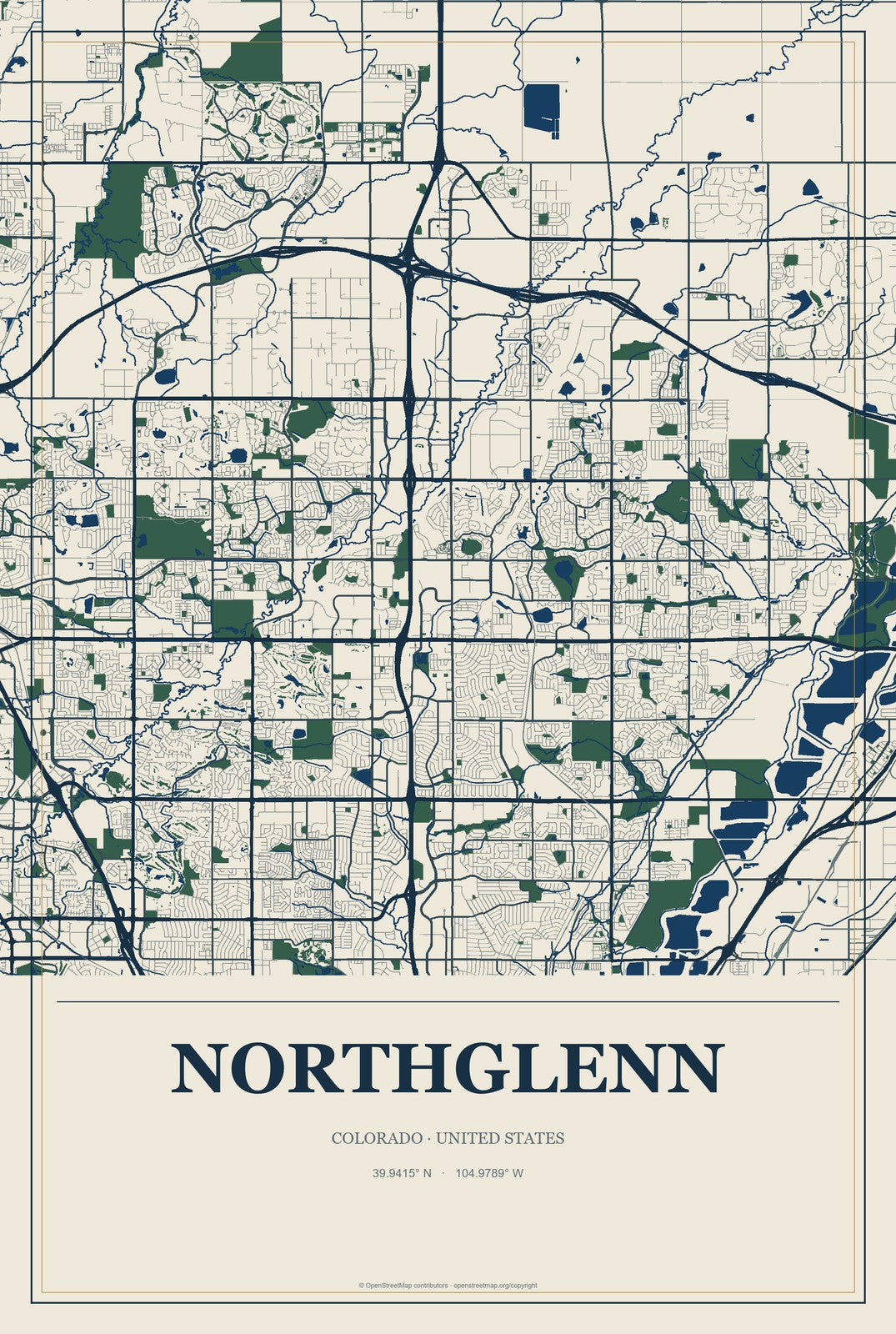 Northglenn, Colorado City Map Aluminum Sign in Coastal Cutout style