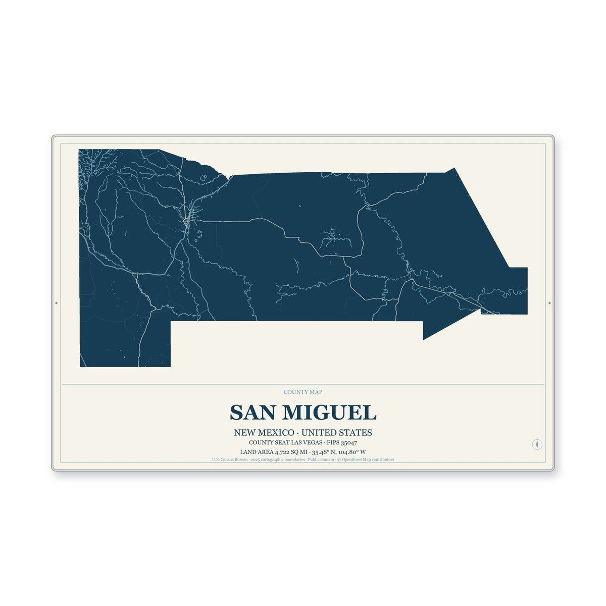 San Miguel County, New Mexico Map Aluminum Sign in Coastal Cutout style