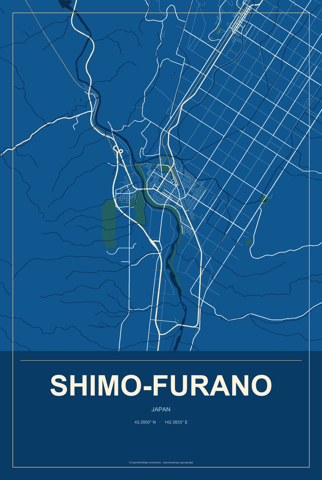 Shimo-furano, Japan City Map Aluminum Sign in Harbor Cobalt style