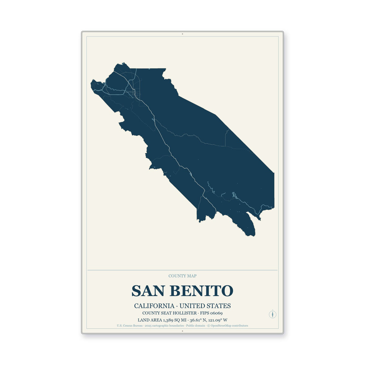 San Benito County, California Map Aluminum Sign in Coastal Cutout style