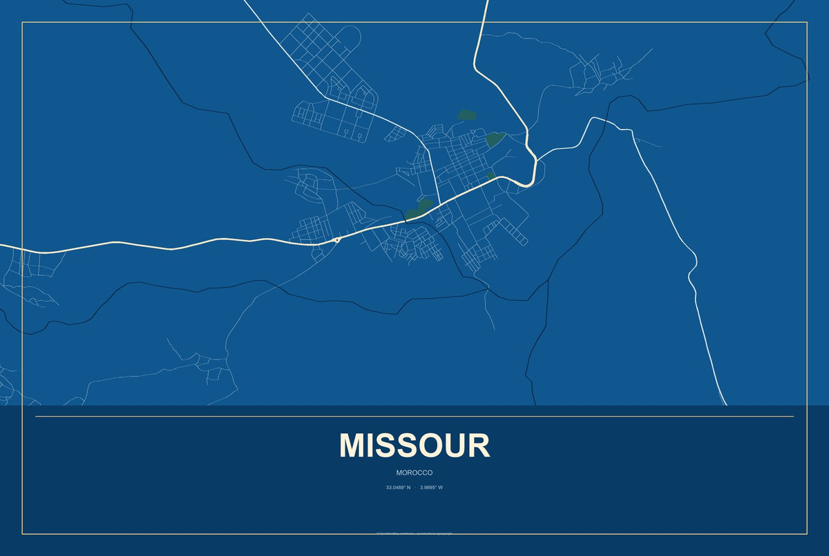 Missour, Morocco City Map Aluminum Sign in Harbor Cobalt style