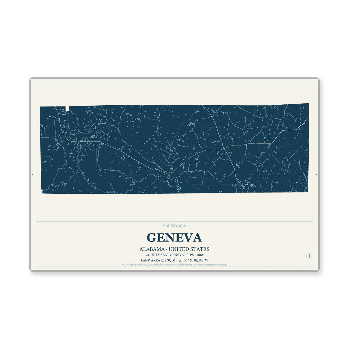 Geneva County, Alabama Map Aluminum Sign in Coastal Cutout style