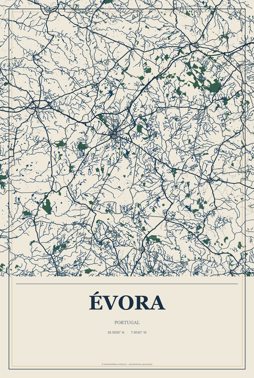 Évora, Portugal City Map Aluminum Sign in Coastal Cutout style