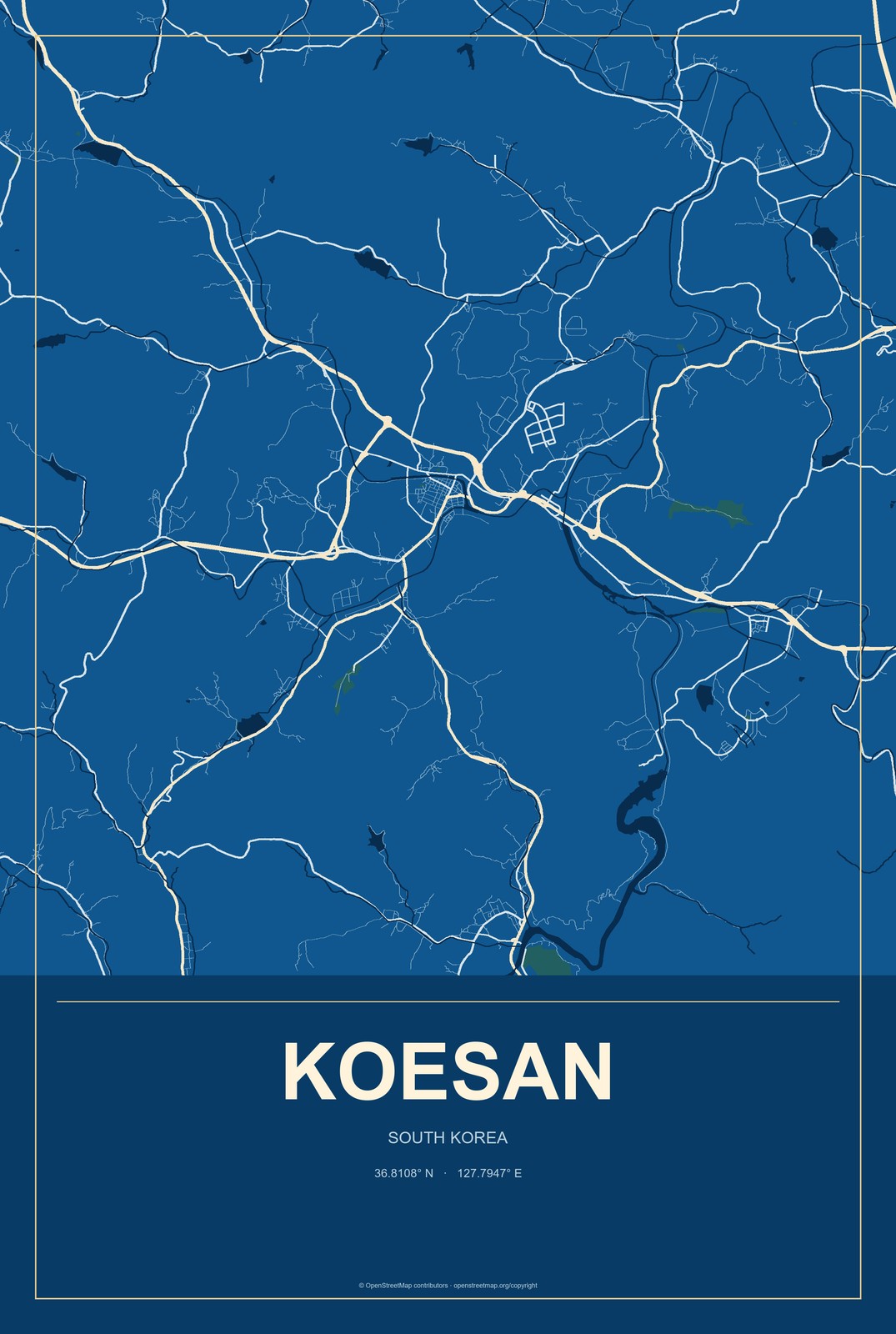 Koesan, South Korea City Map Aluminum Sign in Harbor Cobalt style