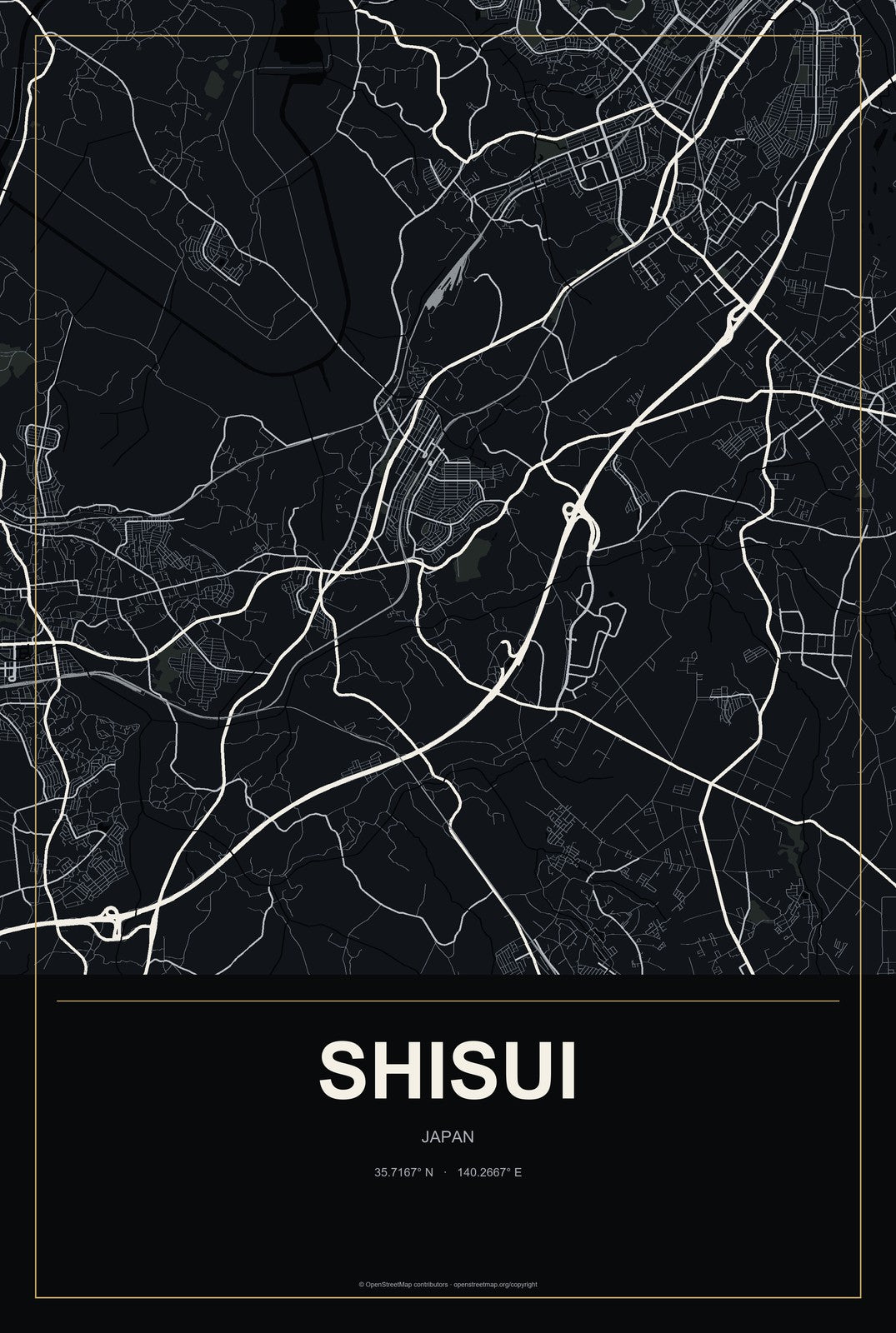 Shisui, Japan City Map Aluminum Sign in Metropolitan Noir style