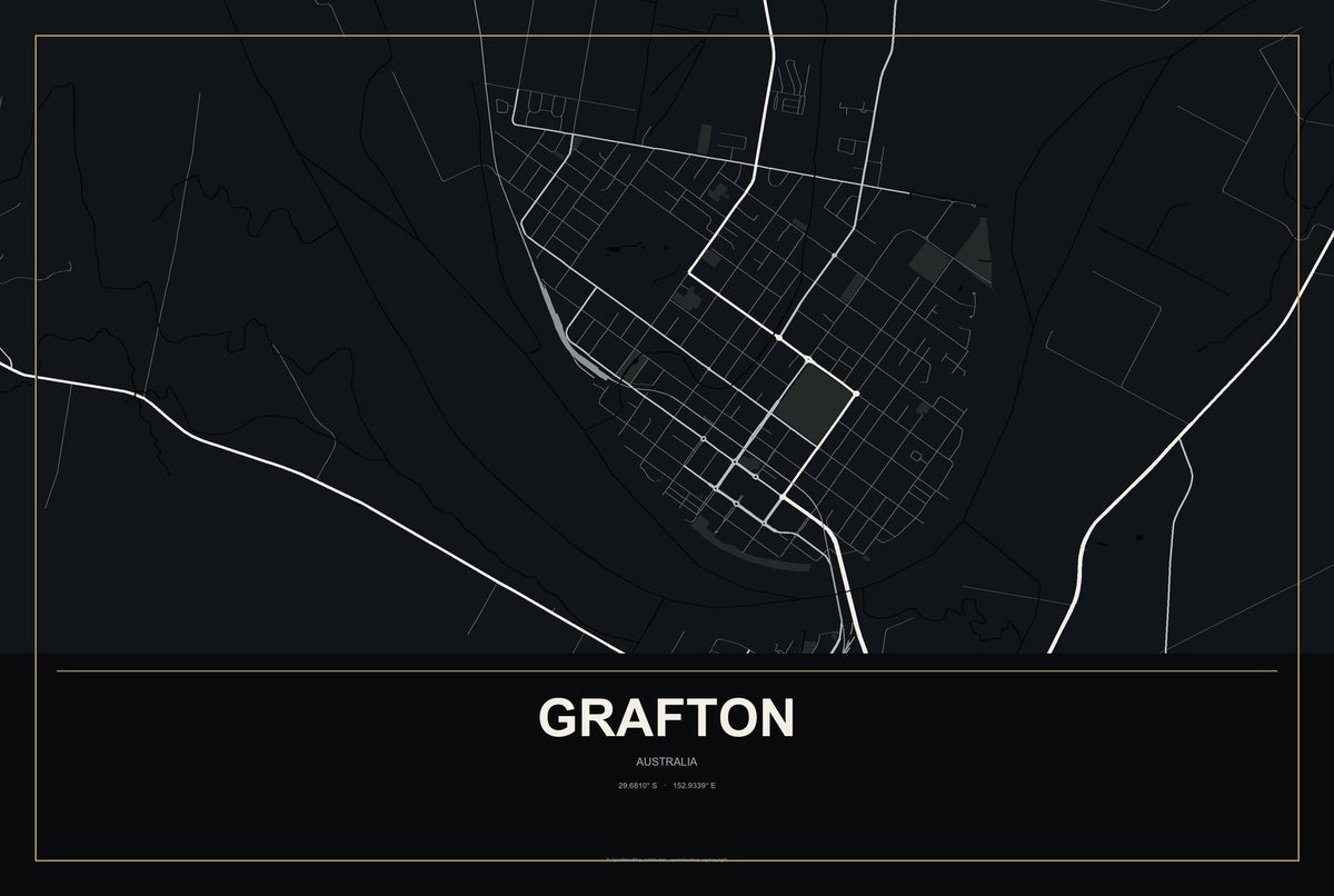 Grafton, Australia City Map Aluminum Sign in Metropolitan Noir style