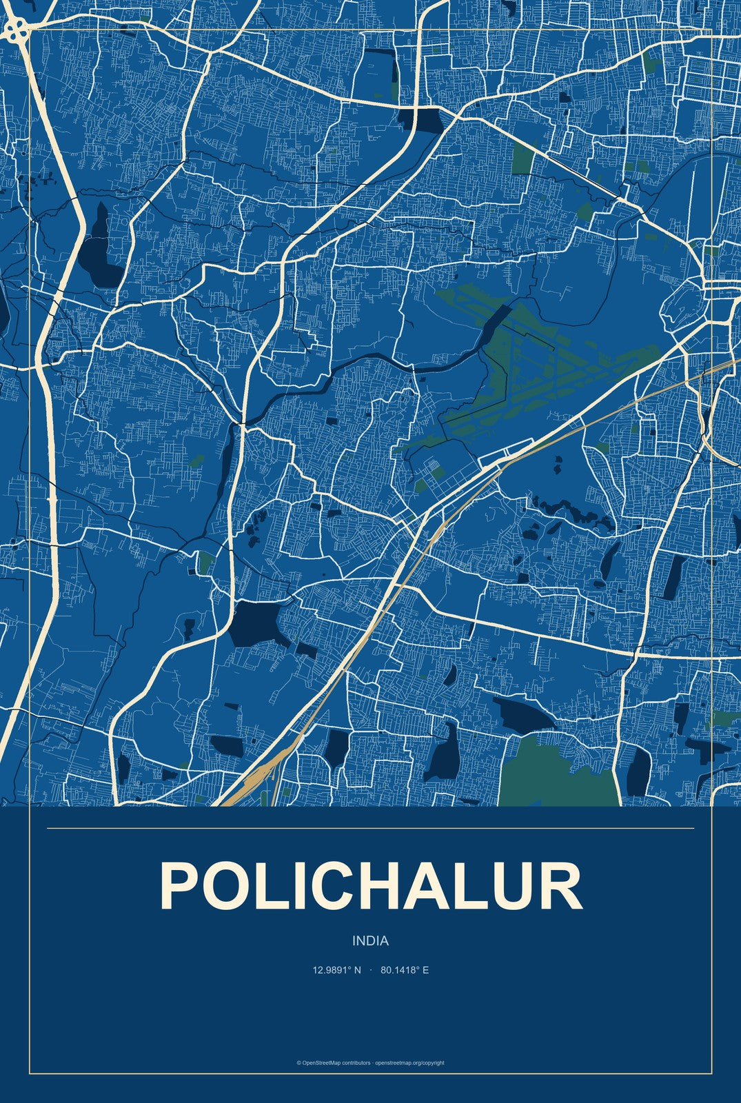 Polichalur, India City Map Aluminum Sign in Harbor Cobalt style