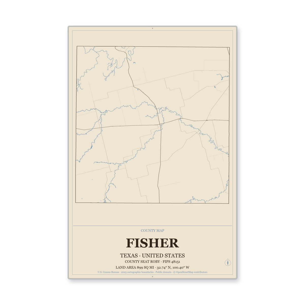 Fisher County, Texas Map Aluminum Sign in Heritage Nautical style