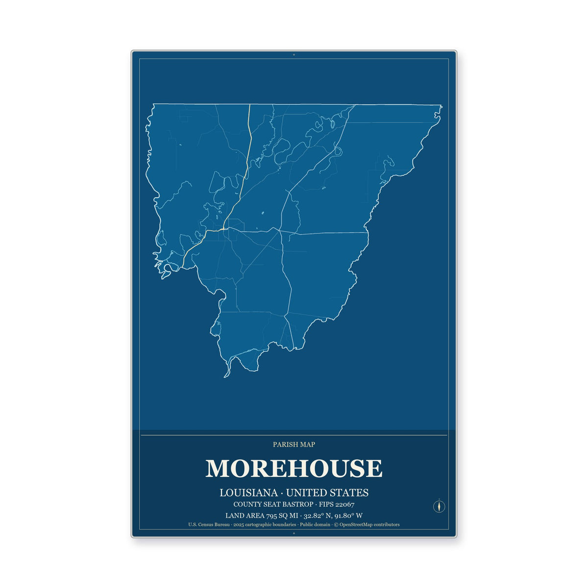 Morehouse Parish, Louisiana Map Aluminum Sign in Harbor Cobalt style