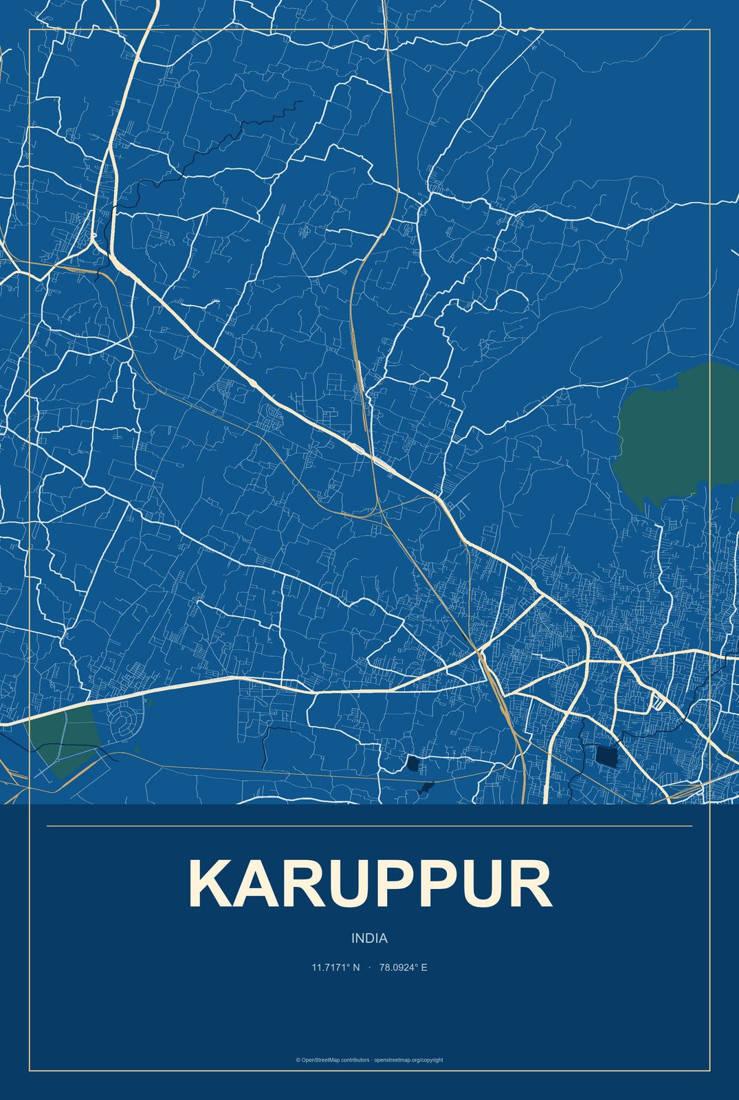 Karuppur, India City Map Aluminum Sign in Harbor Cobalt style