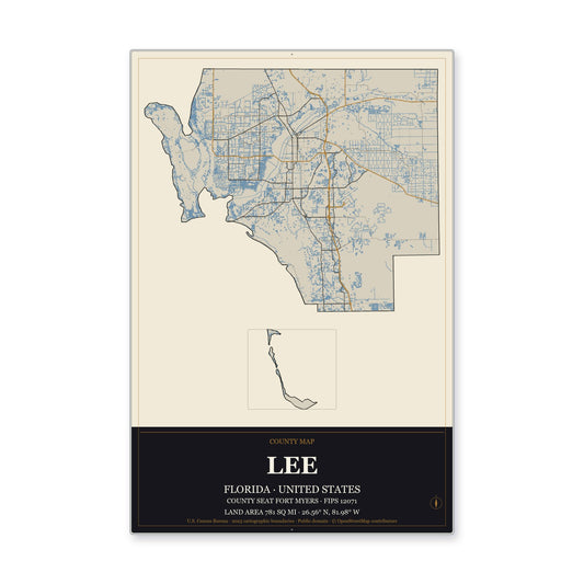 Lee County, Florida Map Aluminum Sign in Museum Plaque style