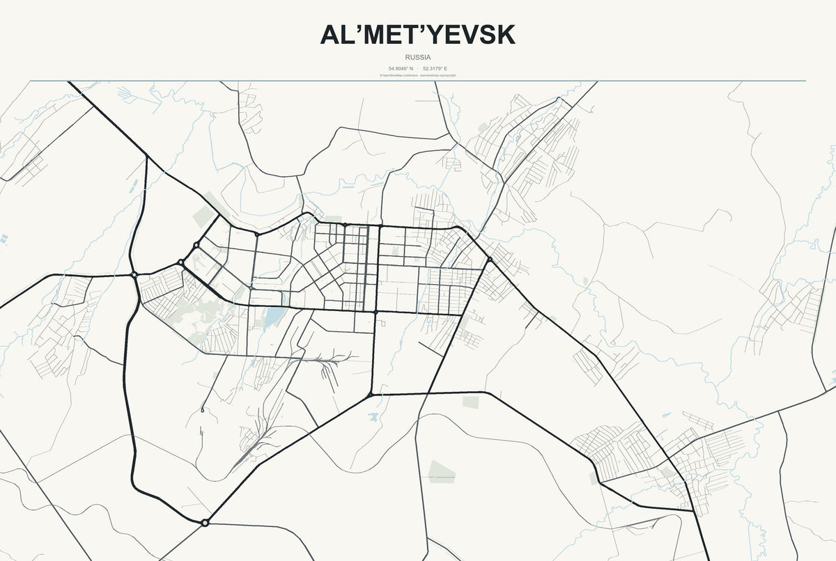 Al’met’yevsk, Russia City Map Aluminum Sign in Headline Atlas style