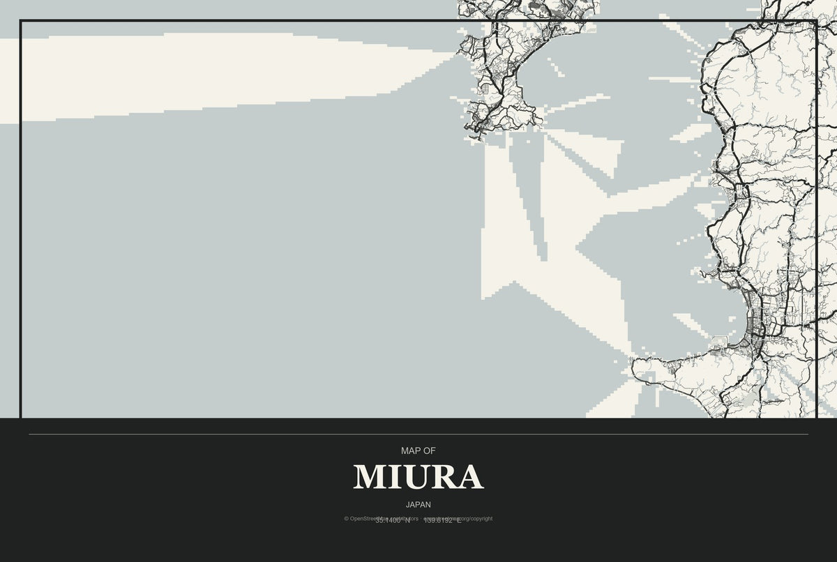 Miura, Japan City Map Aluminum Sign in Museum Plaque style