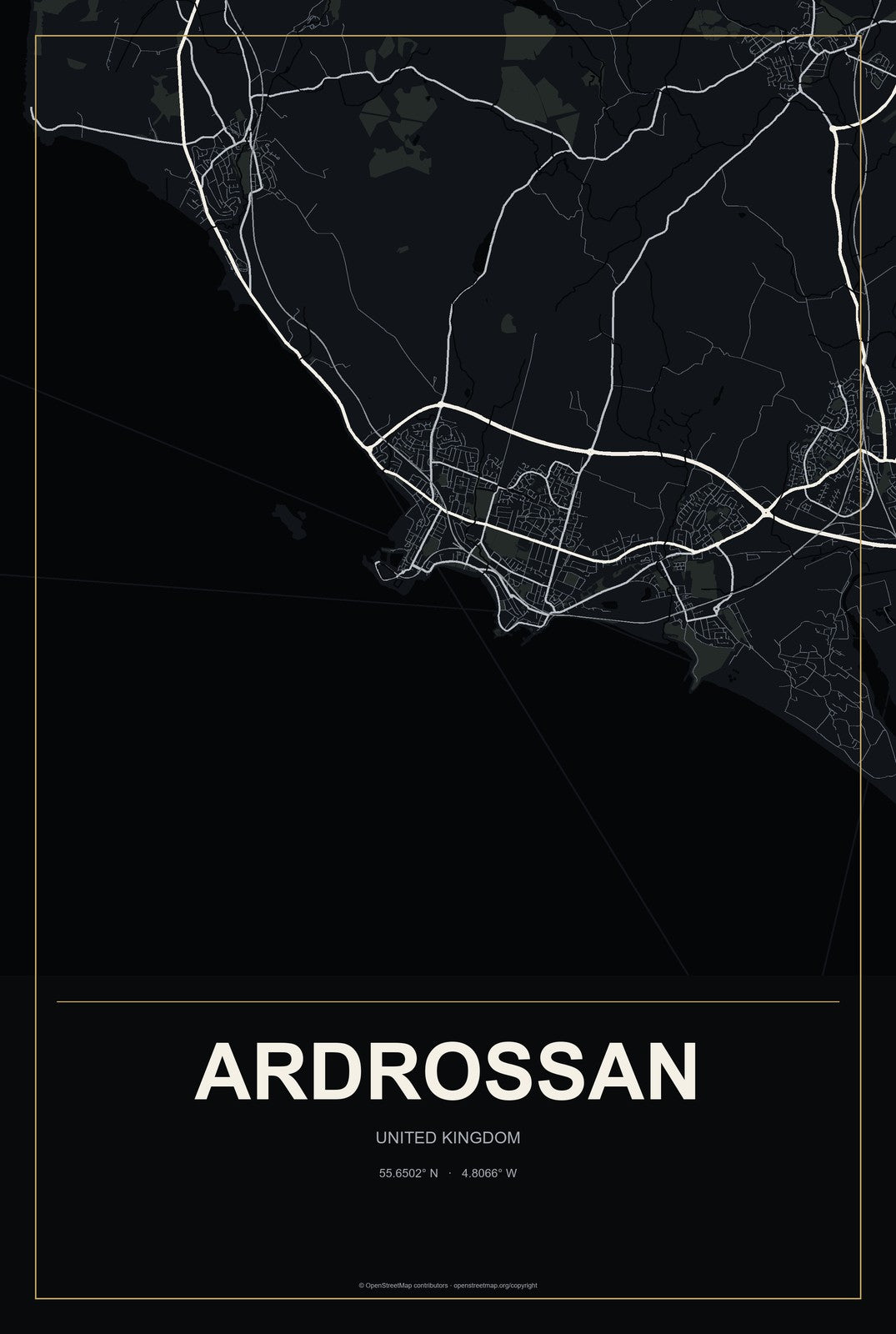 Ardrossan, United Kingdom City Map Aluminum Sign in Metropolitan Noir style