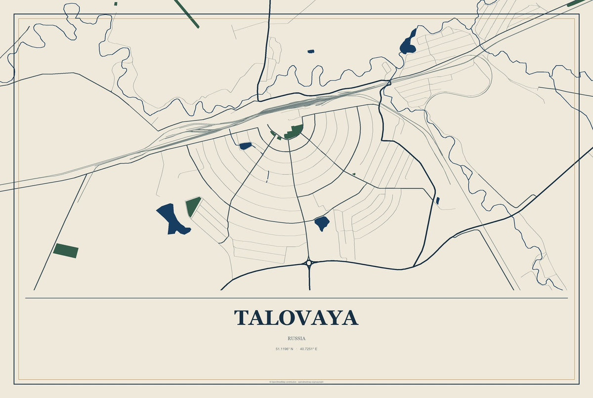 Talovaya, Russia City Map Aluminum Sign in Coastal Cutout style