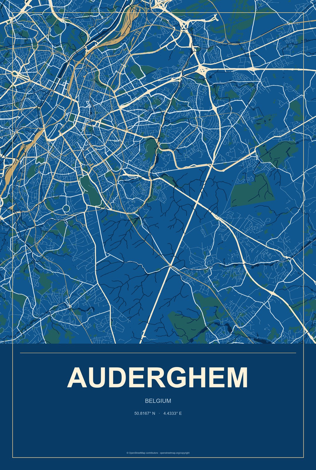 Auderghem, Belgium City Map Aluminum Sign in Harbor Cobalt style