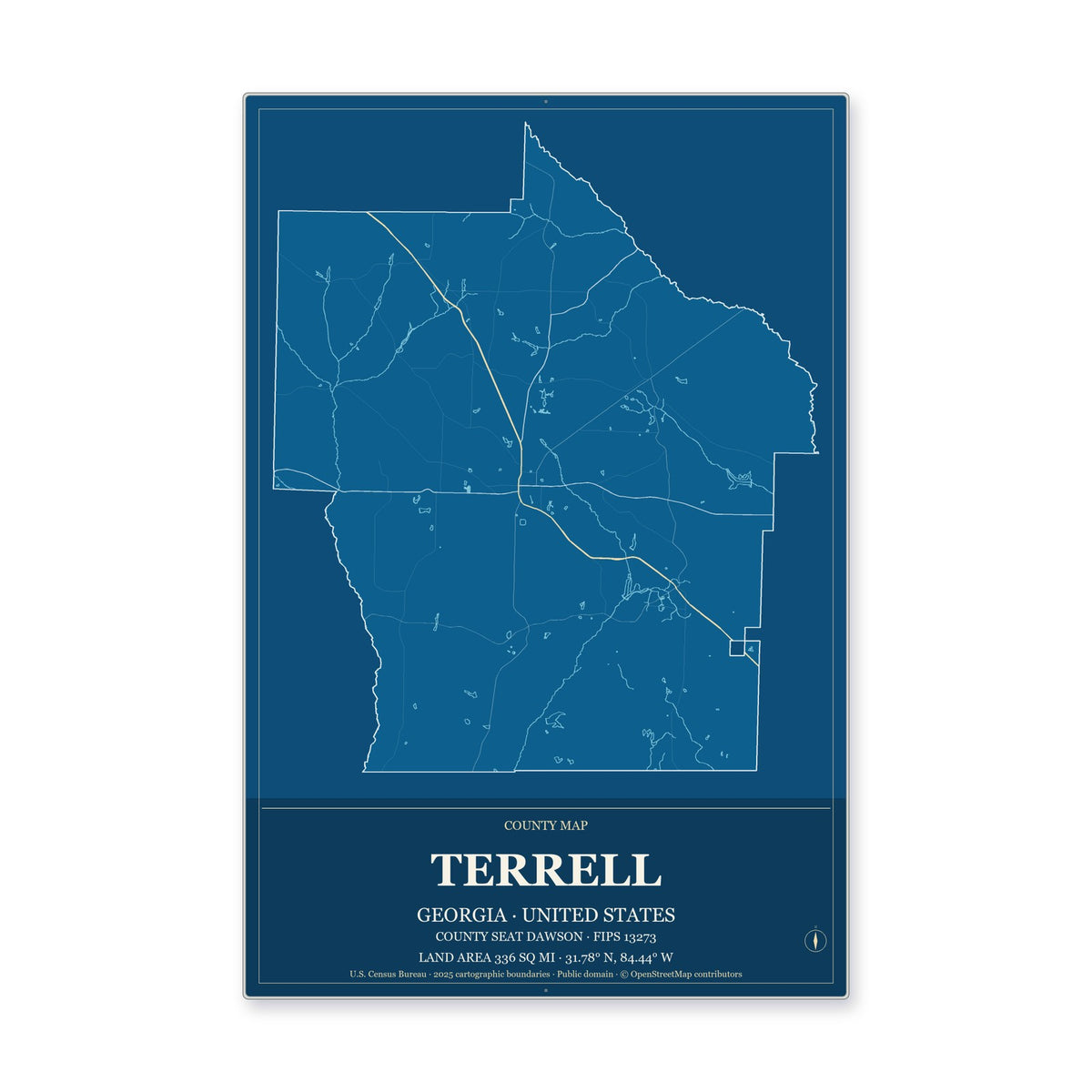 Terrell County, Georgia Map Aluminum Sign in Harbor Cobalt style