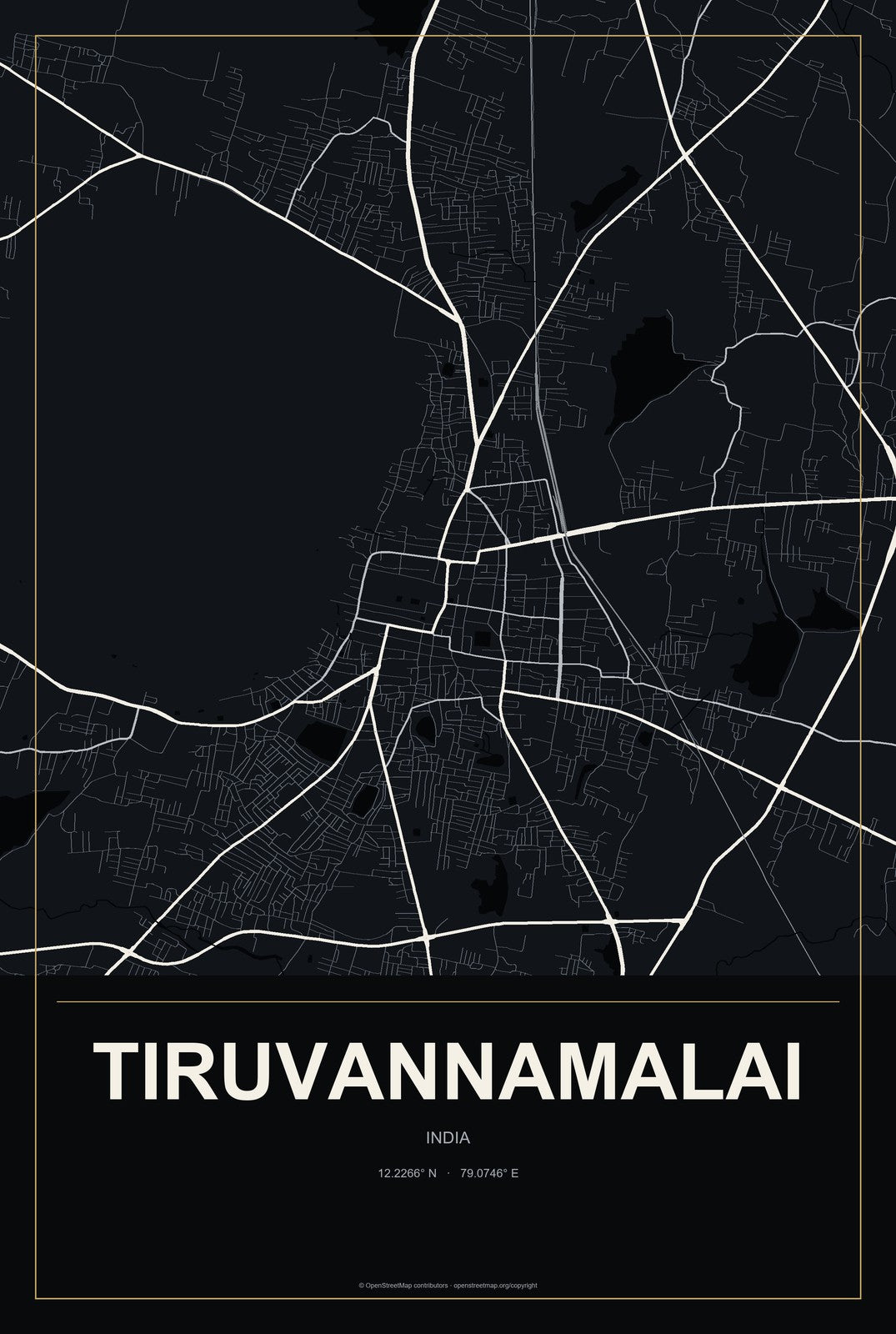 Tiruvannamalai, India City Map Aluminum Sign in Metropolitan Noir style