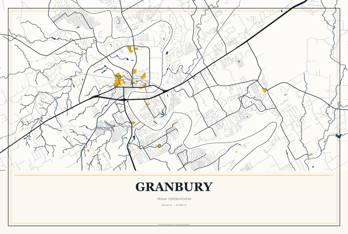 Granbury, Texas City Map Aluminum Sign in Citrine Modern style