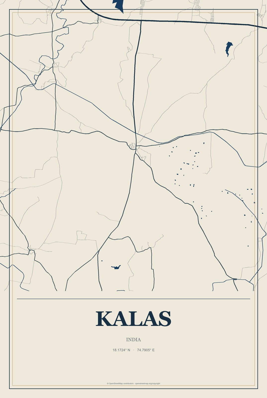 Kalas, India City Map Aluminum Sign in Coastal Cutout style