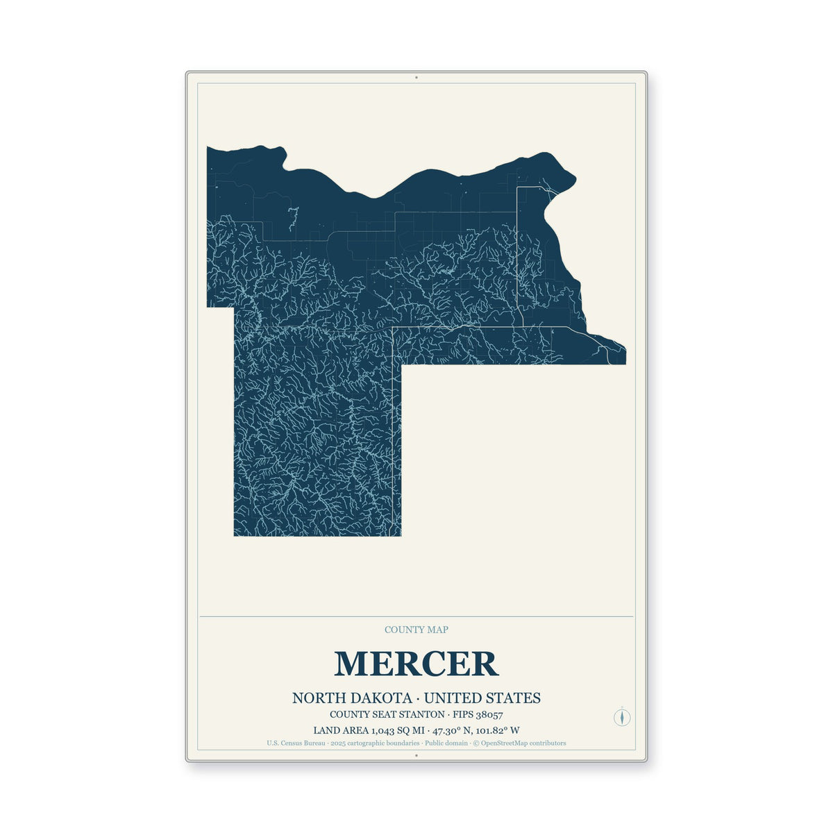 Mercer County, North Dakota Map Aluminum Sign in Coastal Cutout style