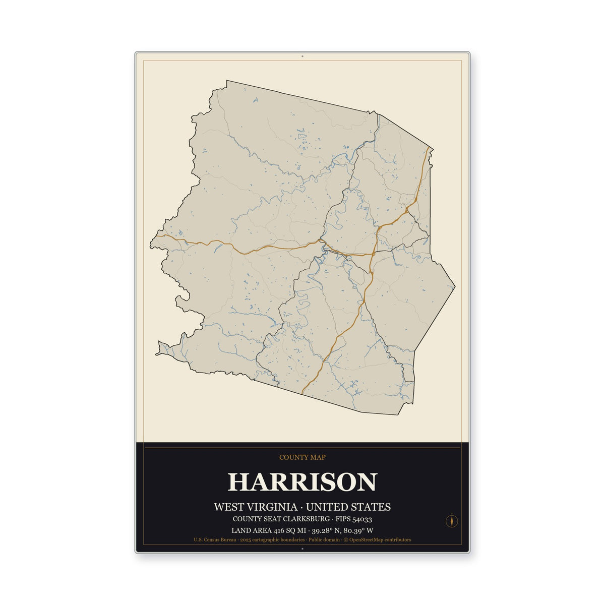 Harrison County, West Virginia Map Aluminum Sign in Museum Plaque style