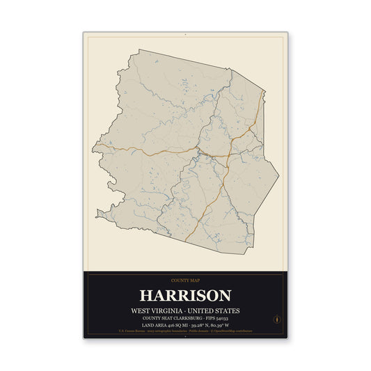 Harrison County, West Virginia Map Aluminum Sign in Museum Plaque style
