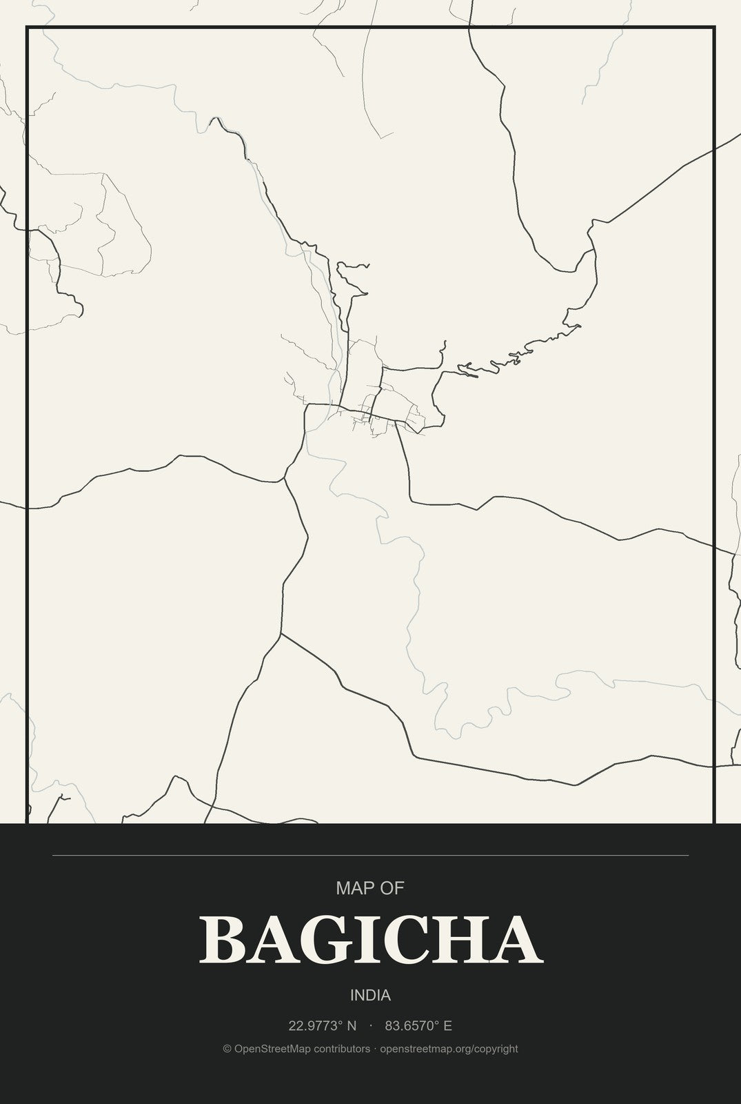Bagicha, India City Map Aluminum Sign in Museum Plaque style