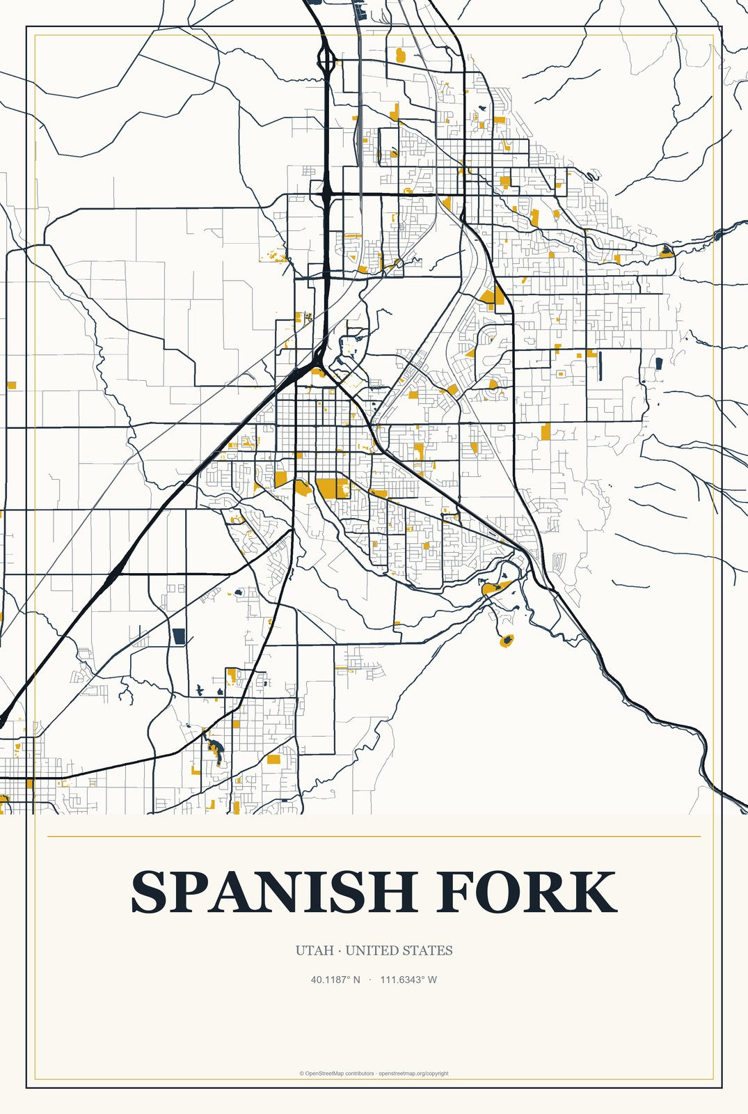 Spanish Fork, Utah City Map Aluminum Sign in Citrine Modern style