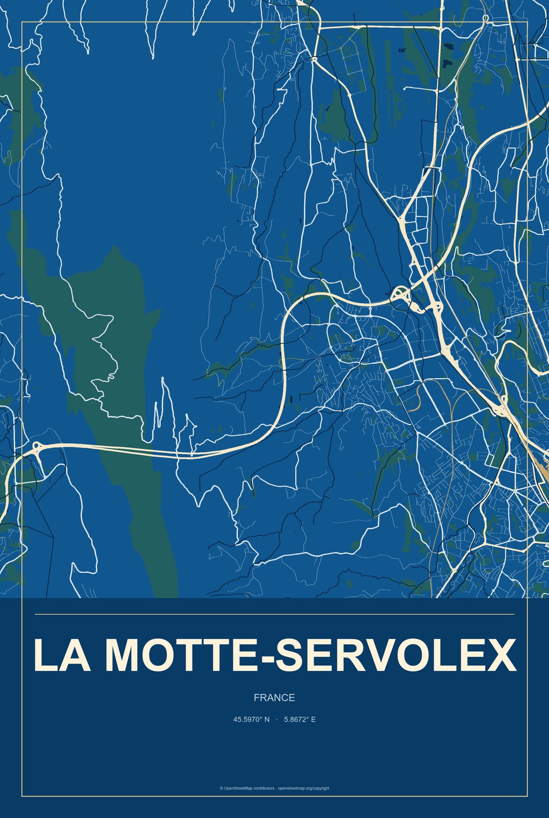La Motte-Servolex, France City Map Aluminum Sign in Harbor Cobalt style