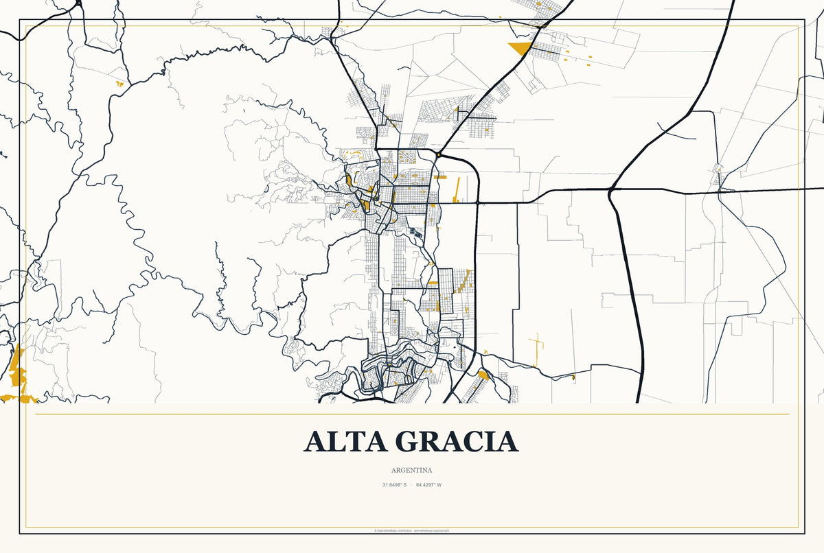 Alta Gracia, Argentina City Map Aluminum Sign in Citrine Modern style