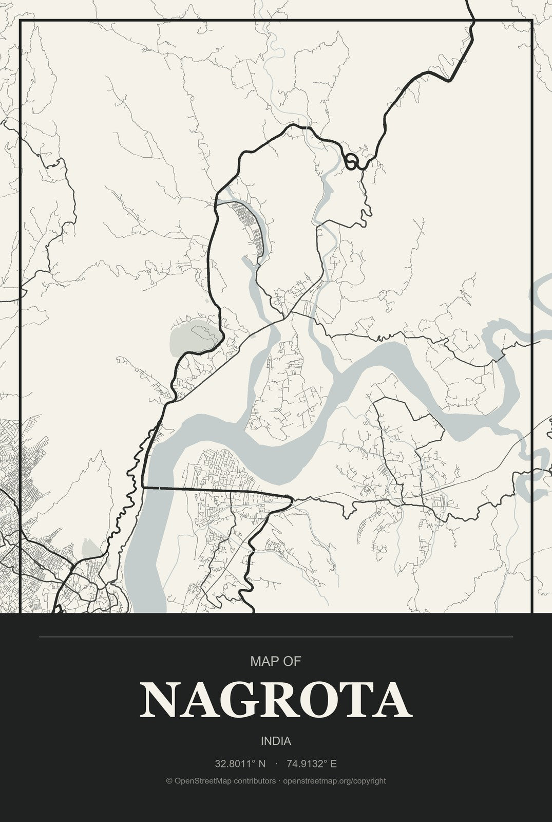 Nagrota, India City Map Aluminum Sign in Museum Plaque style