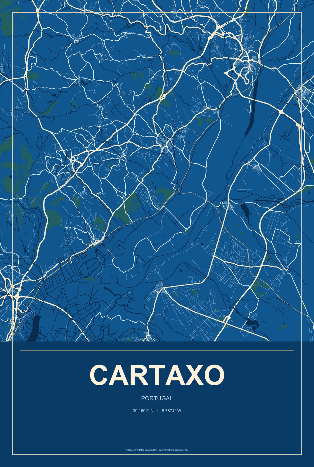 Cartaxo, Portugal City Map Aluminum Sign in Harbor Cobalt style
