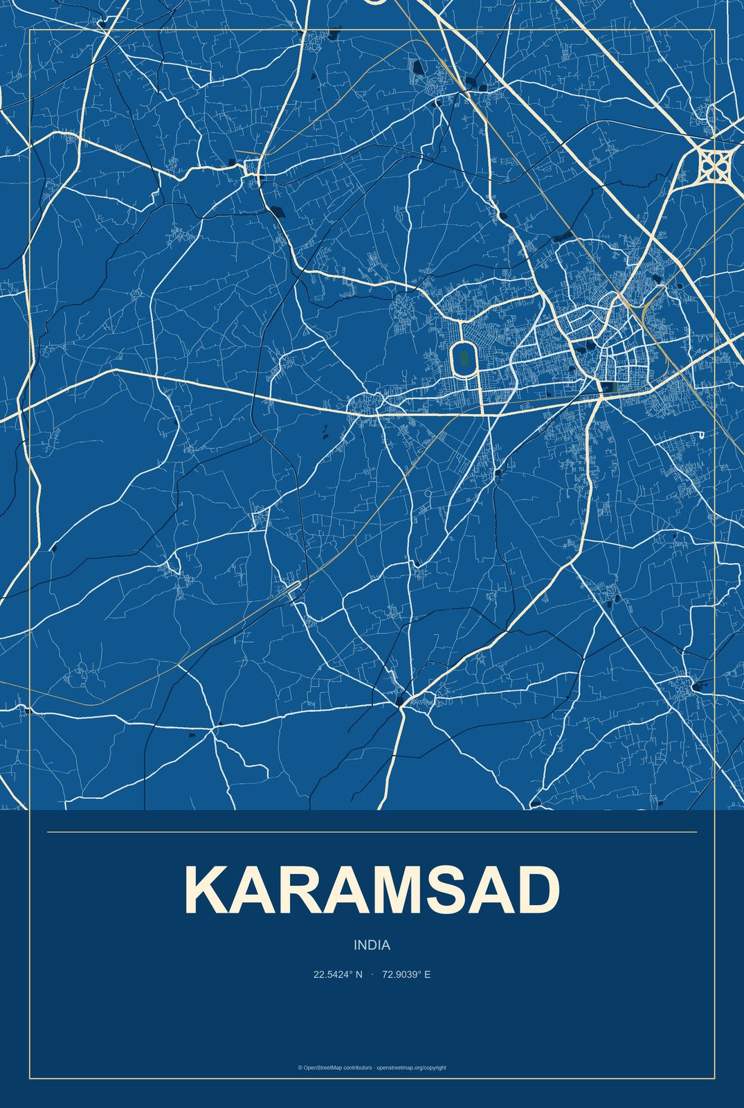 Karamsad, India City Map Aluminum Sign in Harbor Cobalt style