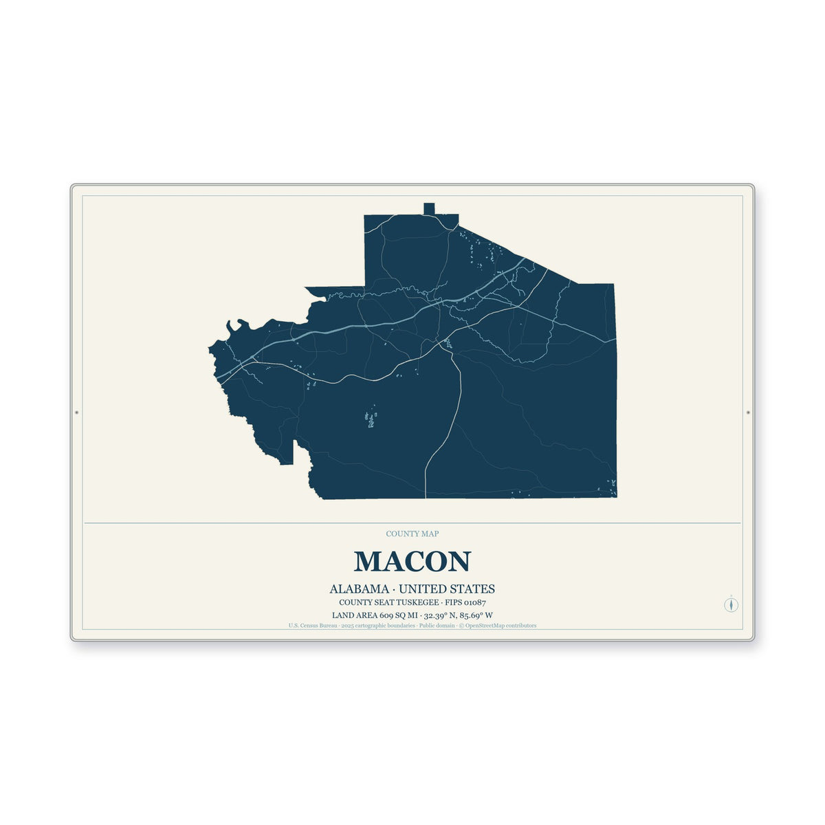 Macon County, Alabama Map Aluminum Sign in Coastal Cutout style