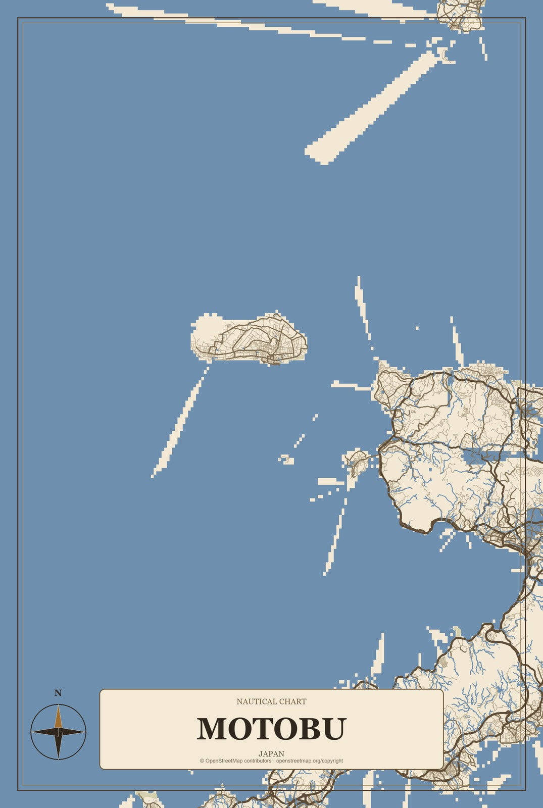 Motobu, Japan City Map Aluminum Sign in Heritage Nautical style