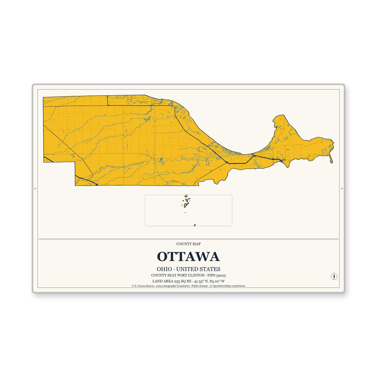 Ottawa County, Ohio Map Aluminum Sign in Citrine Modern style