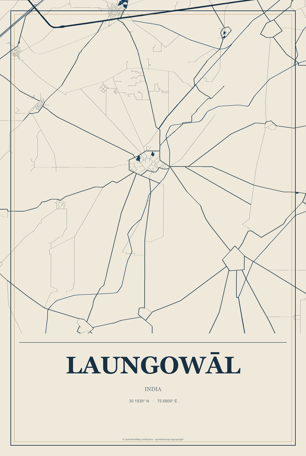 Laungowāl, India City Map Aluminum Sign in Coastal Cutout style