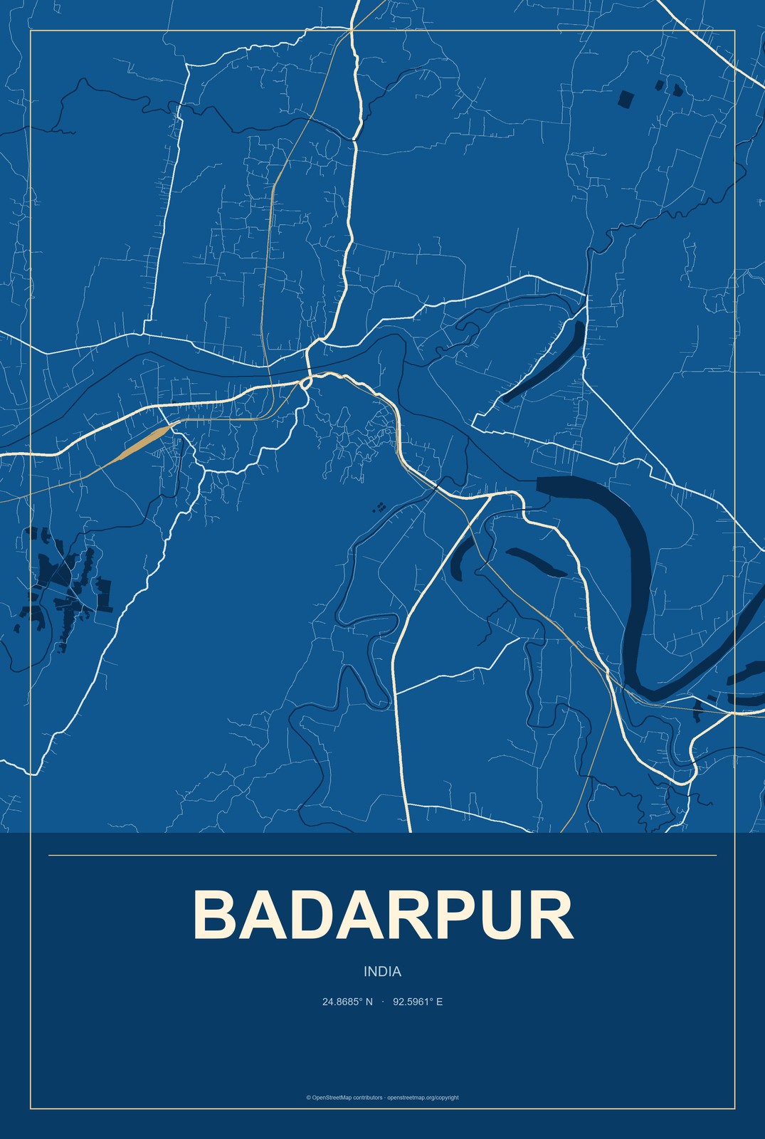 Badarpur, India City Map Aluminum Sign in Harbor Cobalt style